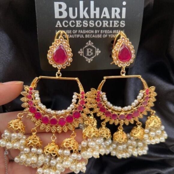 BUKHARI JEWELRY HEERAMANDI PAKISTANI BRIDAL JHUMKI LARGE EARRINGS - Picture 2 of 7
